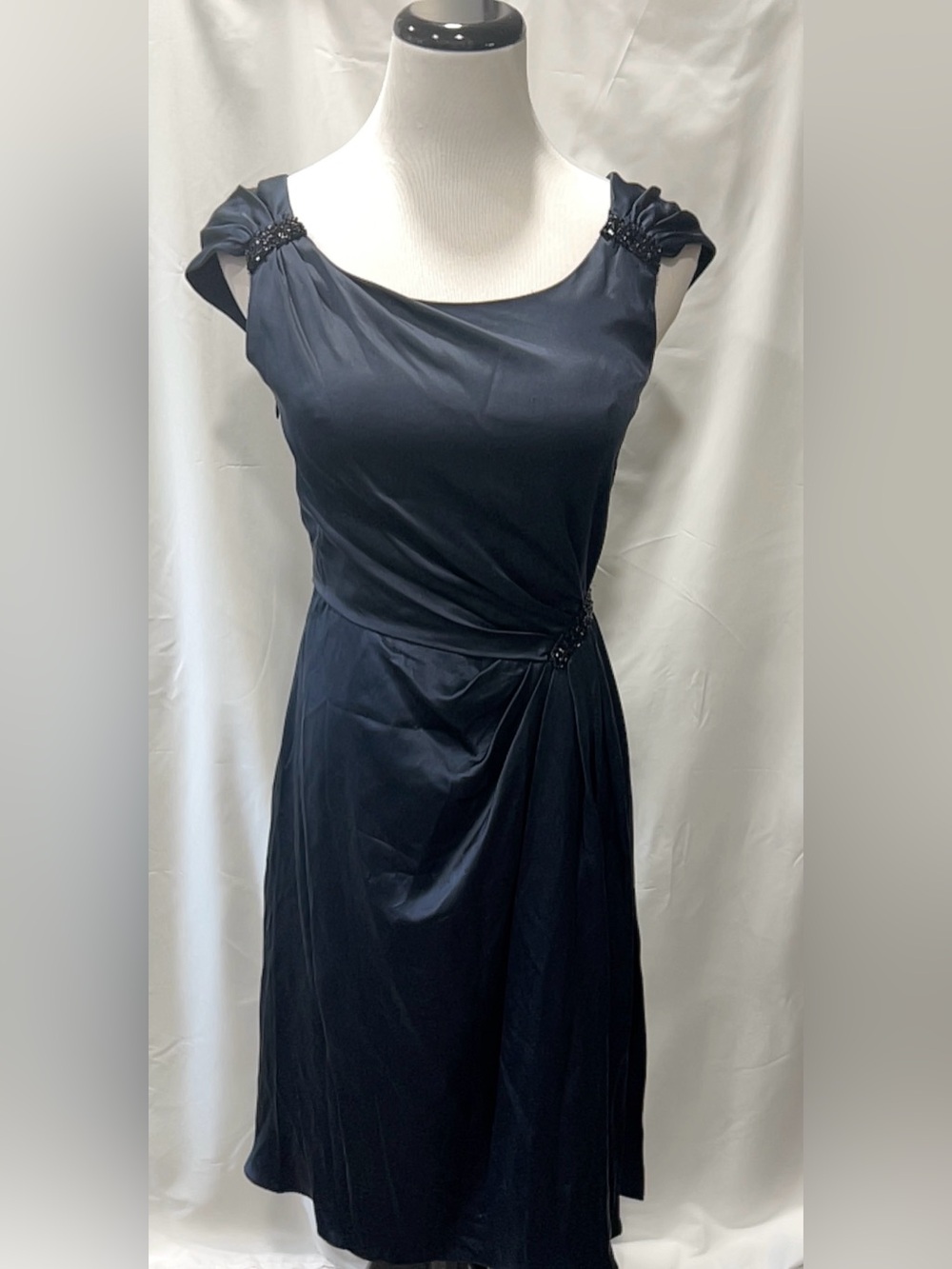 Eliza J New York Blue Silk Beaded Cocktail Dress Size 4 Cap Sleeve Ruched Party